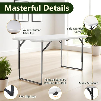 Folding Table, 4FT Foldable Picnic Table with Adjustable Height, Heavy Duty Fold-in-Half Portable Table for Weddings, Camping, RV Travel, Parties, BBQs, and Indoor Use, Easy to Fold and Store