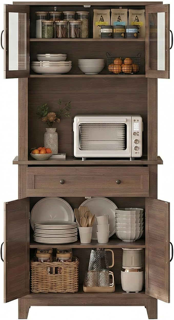 Garvee 72" Tall Kitchen Pantry Cabinet with Hutch and Microwave Stand | Freestanding Food Pantry Hutch with Adjustable Shelves, Glass Doors And Drawers for Dining Room, Living Room, Brown