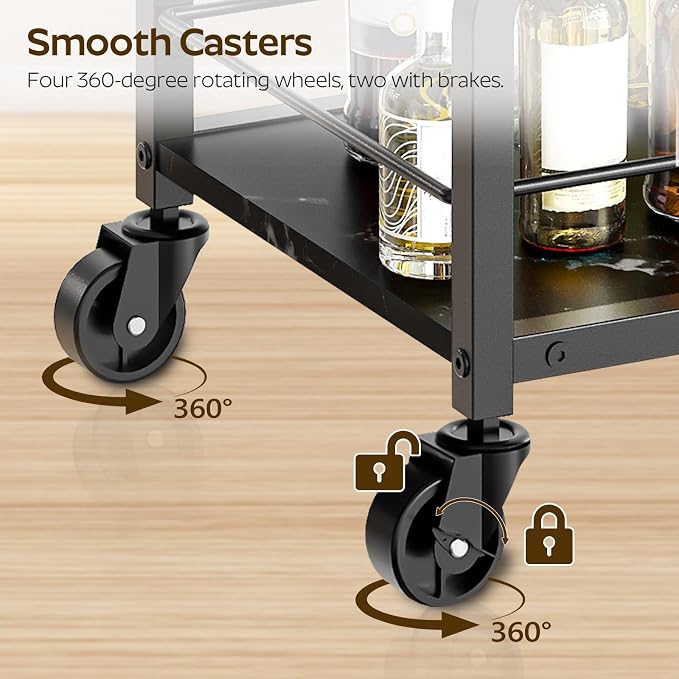 Bar Cart, 3-Tier Home Bar Serving Cart with Wheels, Drink Cart with Glass Holder, Beverage Cart, Rolling Kitchen Cart, for Home, Living Room, Marble Black and Black BC03BM
