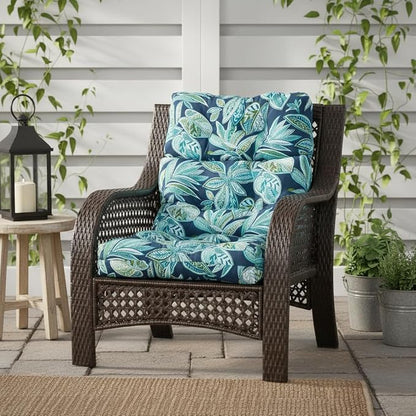 Outdoor Tufted High-Back Chair Cushions, One-Piece Hinged Seat and Back Design, Reversible with 4 Ties, Durable Polyester Fabric, Recycled Fiber Fill - Single, Botanical Crestwood