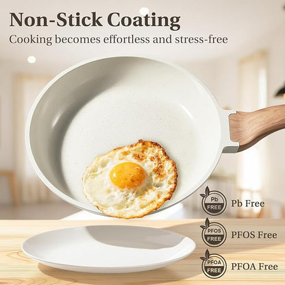 NEWBULIG 25-Piece Nonstick Cookware Set, Granite Pots and Pans with Lids, Induction Compatible Nonstick Cooking Set with Frying Pans & Saucepans, Cream White