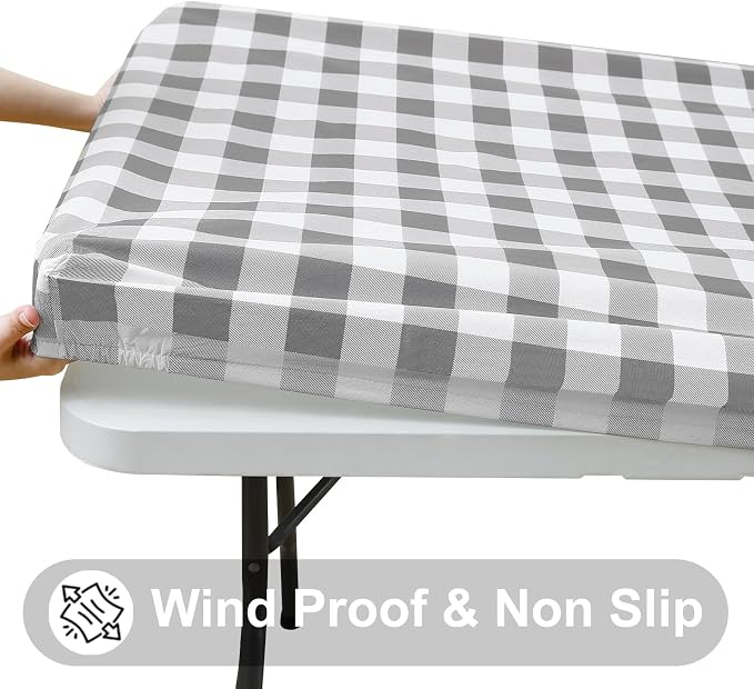 Smiry Rectangle Picnic Table Cloth, Elastic Waterproof Fitted Vinyl Tablecloths, Flannel Backed Buffalo Plaid Table Covers for Dining, Camping, Outdoor (White and Grey, 30" x 60")