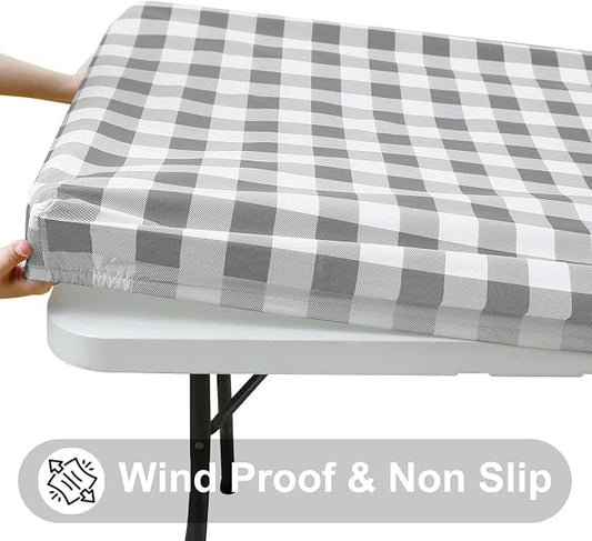 Smiry Rectangle Picnic Table Cloth, Elastic Waterproof Fitted Vinyl Tablecloths, Flannel Backed Buffalo Plaid Table Covers for Dining, Camping, Outdoor (White and Grey, 30" x 60")