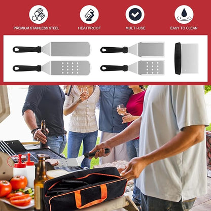HaSteeL Griddle Accessories Kit of 8, Heavy Duty Metal Spatula Chopper, Professional Stainless Steel Griddle Tools with Storage Bag, Great for Flat Top Teppanyaki Cast Iron BBQ Grilling Indoor Outdoor