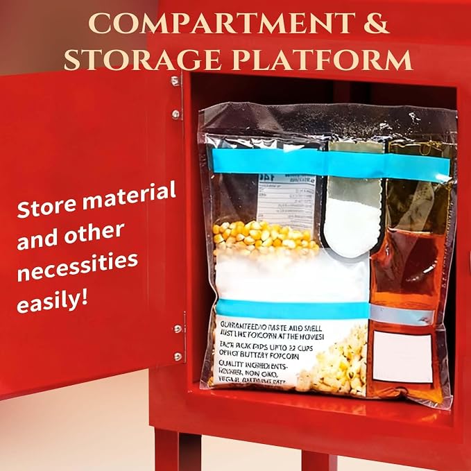 8 Oz Popcorn Machine with Cart, Nostalgia Professional Cart Makes Up to 32 Cups with Warming Deck and Old Maids Drawer, Movie Night Supplies for Home, Red