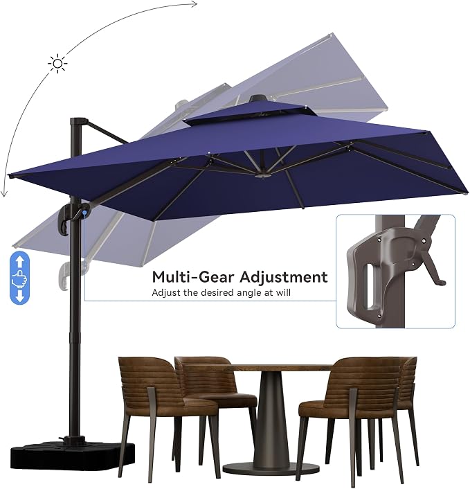 10x10FT Cantilever Outdoor Patio Umbrellas，Double Top Large Square Umbrella Heavy Duty 360°Rotation Offset Outdoor Sun Shade Umbrella for Garden Deck Pool Backyard Patio, Navy Blue