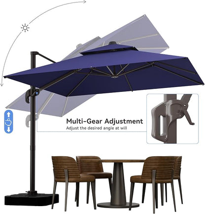 10x10FT Cantilever Outdoor Patio Umbrellas，Double Top Large Square Umbrella Heavy Duty 360°Rotation Offset Outdoor Sun Shade Umbrella for Garden Deck Pool Backyard Patio, Navy Blue