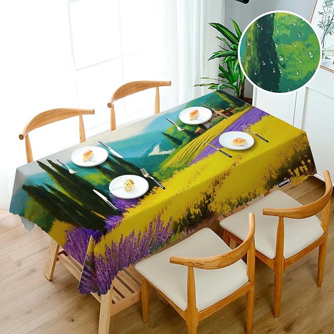 Swono Countryside Rectangle Tablecloth Rural Houses Rye Field Cypress Trees Mountains Table Cloth Dining Table Cover for Home Kitchen Restaurant Party Buffet Picnic, 52x70 Inch
