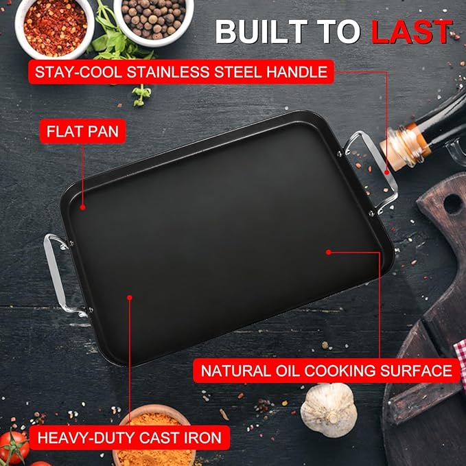 21" x 13" Cast Iron Griddle Pan, Non-Stick Stove Top Flat Plate with Stainless Steel Handle for Gas Grill, Camping, BBQ, Smooth Surface Double Burner Cookware