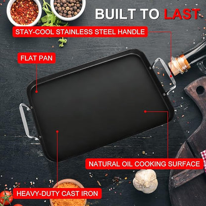 21" x 13" Cast Iron Griddle Pan, Non-Stick Stove Top Flat Plate with Stainless Steel Handle for Gas Grill, Camping, BBQ, Smooth Surface Double Burner Cookware