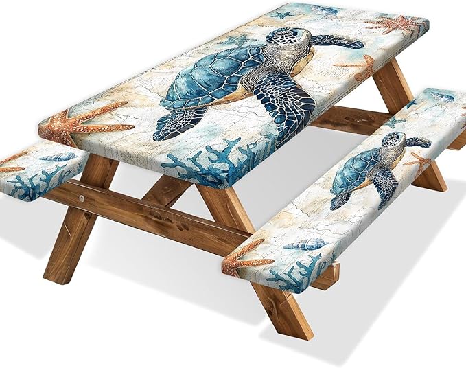 Picnic Table Cover with Bench Covers 6FT, Camping Essentials, Nautical Sea Turtle Ocean Windproof Waterproof Picnic Table Cloth, Fitted Tablecloth with Elastic Edge for Indoor Outdoor 3PCS 30x72 Inch