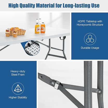 Giantex Folding Picnic Table, 6FT Portable Foldable Tables for Party BBQ, Metal Legs, HDPE, White Outdoor Indoor Camping Table with Handle, No Assembly