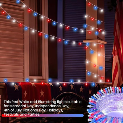 2 Pack Red White and Blue Battery Operated Fairy Lights, 66FT 200LED 4th of July String Lights with Timer, 8 Modes Waterproof Patriotic Twinkle Light Indoor Outdoor for Independence Day Memorial Day