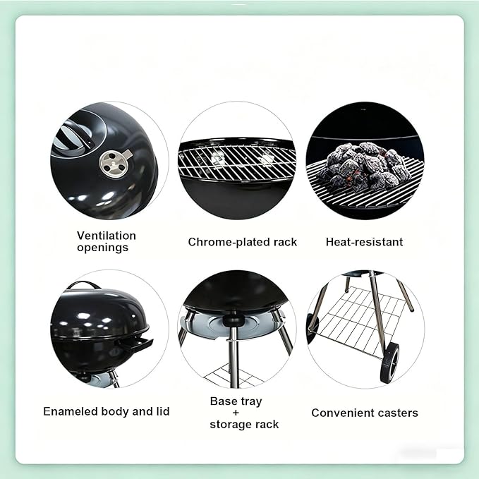 20" Heavy Duty Charcoal Barbecue Grill with Porcelain-Enameled Lid,Portable Charcoal Grill,2 Wheeled Portable Grill for Camping,Outdoor Cooking,and More,for Small Patio Backyard