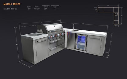 Mont Alpi Premium 94"W x 88"D L-shaped Stainless Steel Modular Outdoor Kitchen Island + Side Burner + Beverage Center Refrigerator Faucet & Sink + 44"W 6-Burner BBQ Grill + Storage Cabinets & Drawers