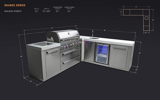Mont Alpi Premium 94"W x 88"D L-shaped Stainless Steel Modular Outdoor Kitchen Island + Side Burner + Beverage Center Refrigerator Faucet & Sink + 44"W 6-Burner BBQ Grill + Storage Cabinets & Drawers