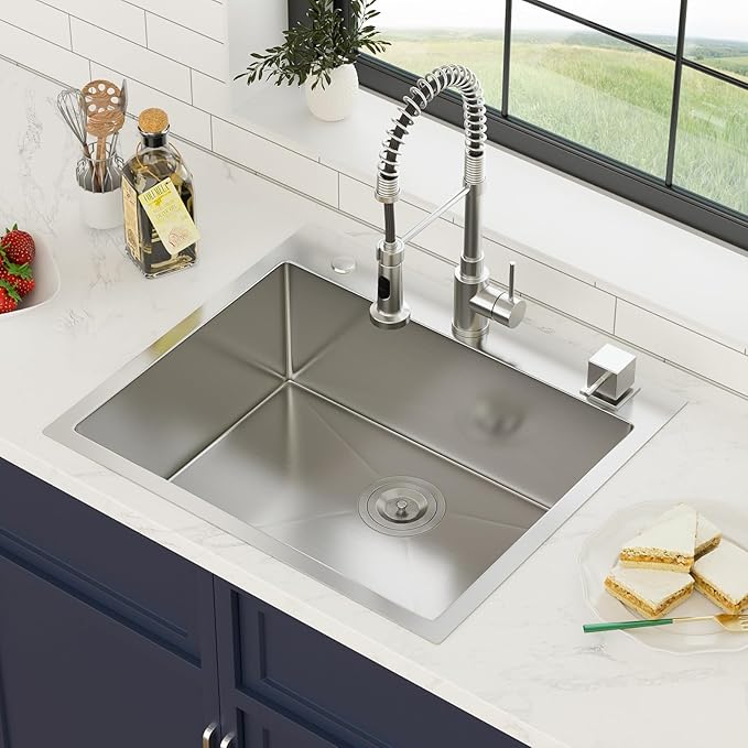 25 Inch Drop In Kitchen Sink 25 x 22 Kitchen Sink 18 Gauge Stainless Steel Single Bowl Topmount Handmade Sink, 25x22x8