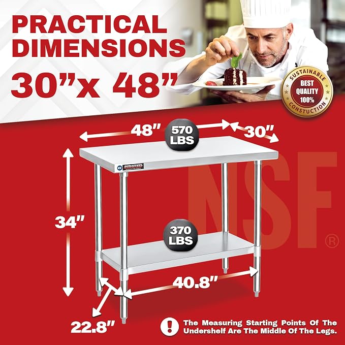DuraSteel 30x48 Stainless Steel Work Table - NSF Certified Commercial Prep Table w/Adjustable Under Shelf - Kitchen Island, Outdoor Grill Stand, Laundry Folding & Garage Workbench - 350 lb Capacity