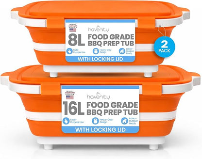 BBQ Prep Tub 2 Pack (8L+16L) - Multifunctional Collapsible Camping Cutting Board with Upgraded Locking Lid, Meal Prep Meat Storage Container Perfect for Grilling, Outdoor (Large + XL)