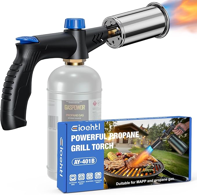 Powerful propane torch gun Ergonomic handle, One-Touch Ignition, Adjustable Flame, Flame Thrower with One-Piece Safety Design Ideal for Grill & Cooking, Sous Vide, Searing Steak, BBQ, Campfire Starter