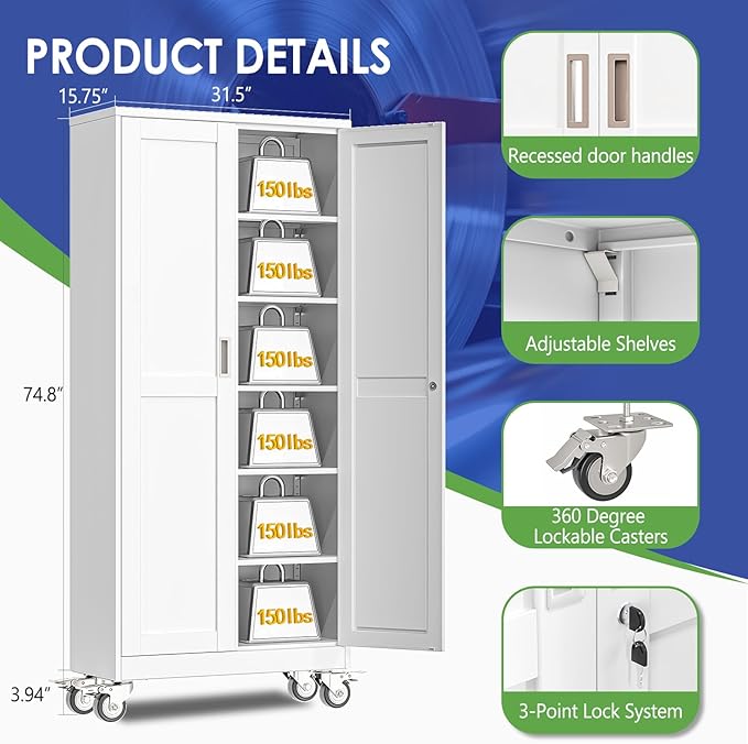75" Metal Garage Storage Cabinet with Wheels and Locking Doors and Tall Rolling Steel Tool Cabinet with 5 Adjustable Shelves for Garage,Home,Office,Shop (White, 75''H x 32''W x16''D)