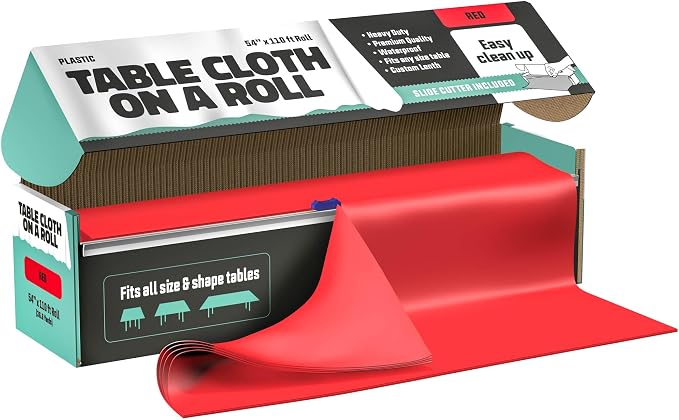 Tablecloth Roll – 54" X 110' Red Premium Plastic Table Cloths with Cutter Box - Cut to Size Cutter - Decorative Rectangle Table Cover Smooth Tablecloth - Disposable Table Cloths for Parties, Weddings.