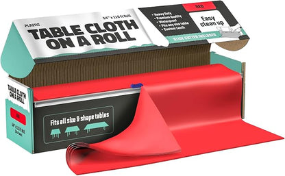 Tablecloth Roll – 54" X 110' Red Premium Plastic Table Cloths with Cutter Box - Cut to Size Cutter - Decorative Rectangle Table Cover Smooth Tablecloth - Disposable Table Cloths for Parties, Weddings.