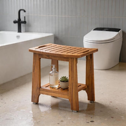 NNN 21" Standard Teak Shower Bench with Japan-Made Non-Slip Leveling Feet | US Patented Design, Marine-Grade Hardware, Pre-Oiled European Teak Oil, Ready, 300lb, for Showers Spa Sauna & Outdoor Pools