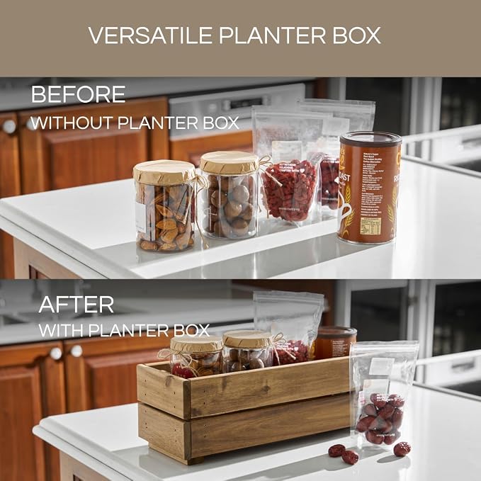 THYOI Premium Wooden Planter Box, Storage Box 17" L x6 W x5.5 H with Crate Style, Acacia Wood Flower Container, Rustic Rectangle Planter for Planting, Decor and Storage - 3 Colors (Golden Teak)