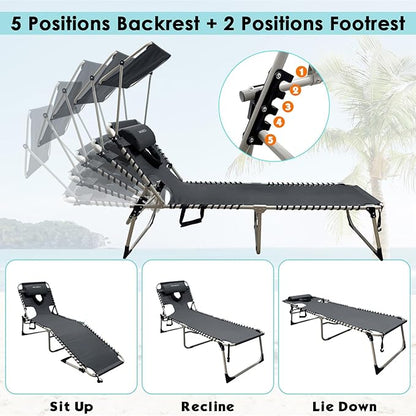 Outdoor Tanning Chair with Sun Canopy Shade & Face Hole, Folding Lounge Chair with Beach Table and Carry Bag for Poolside Sunbathing Lawn