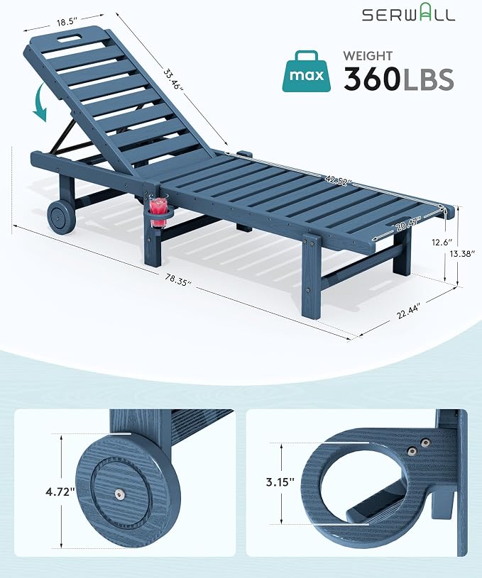 SERWALL HDPE Outdoor Chaise Lounge Set of 2 with Cup Holder & Wheels, Blue | Weather-resistant chaise lounge resists fading, with 5-level adjustable back, cup holder and wheels.