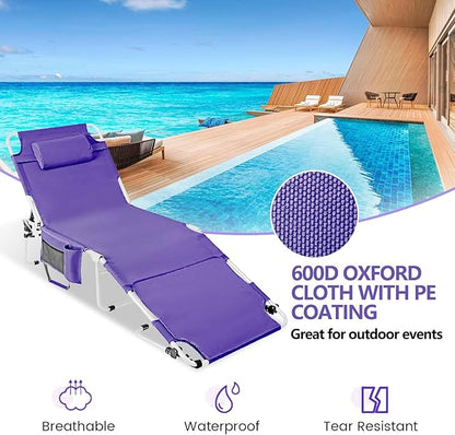 Tanning Chair with Face Hole, Adjustable Folding Chaise Lounge Chairs for Outside with Detachable Pillow & Pocket，Portable flat beach chairs for sunbathing, beach lawns camping (Purple, Oversized)