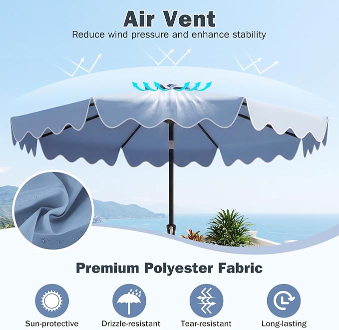 Tangkula 9 FT Patio Umbrella with Base Included, 2-Tiers Outdoor Scalloped Table Umbrella with 2 Sandbags, Tilt Adjustment, Crank, 8 Ribs for Market Backyard Pool Deck Beach Lawn
