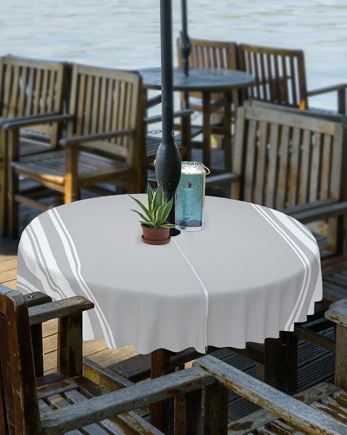 QueenKer Outdoor Tablecloth with Umbrella Hole, Farmhouse Gray White Stripe Round Tables Waterproof Tabletop Collection for Patio, Garden, Picnic, Camping, Dining 60R