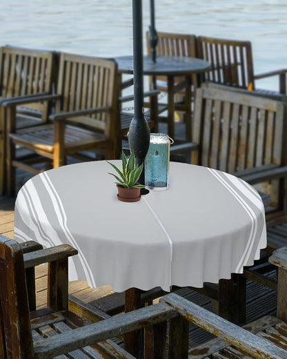QueenKer Outdoor Tablecloth with Umbrella Hole, Farmhouse Gray White Stripe Round Tables Waterproof Tabletop Collection for Patio, Garden, Picnic, Camping, Dining 54R