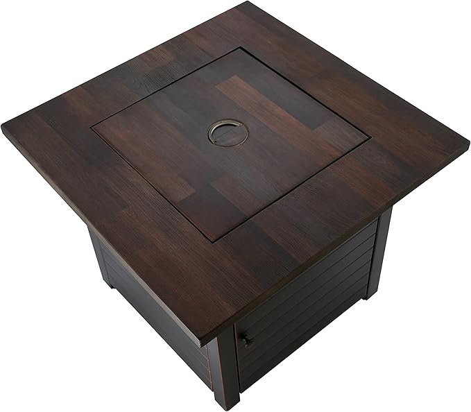 Endless Summer Bronze Finished Black Steel Base with Dark Wood Mantel Spencer LP Gas Outdoor Fire Pit, Comes with Black Fire Glass, Table Insert, and Protective Cover