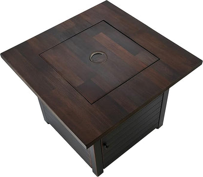 Endless Summer Bronze Finished Black Steel Base with Dark Wood Mantel Spencer LP Gas Outdoor Fire Pit, Comes with Black Fire Glass, Table Insert, and Protective Cover