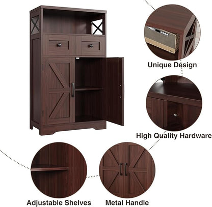 Befrases Dark Brown Storage Cabinet with Drawers and Shelves, Standing Kitchen Pantry Cabinet, Floor Storage Cabinet Hutch Cupboard, Coffee Bar Station for Dining Living Room Home Office