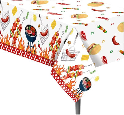 3 Pcs BBQ Party Tablecloth, Hamburger Barbecue Pizza Carnival Tablecloth BBQ Disposable Plastic Table Covers Hamburger Barbecue Pizza Carnival Veterans Day Party Decorations, 54 x 87In