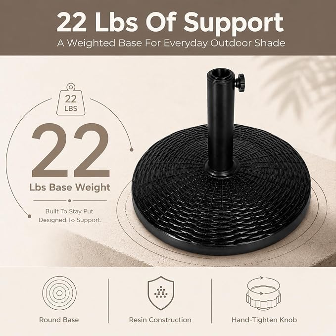 22 Lbs 17.72 Inch Round Umbrella Stand, Heavy Duty Weighted Base for Outdoor Market Parasols, Stable Holder for Patio Deck Lawn Garden Poolside, Black