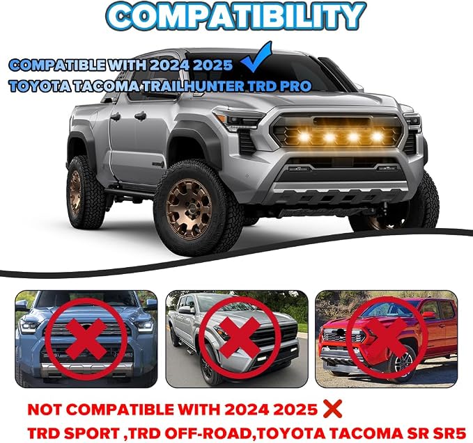 4-in-1 RGB Front Grill Lights Fit for Tacoma Trailhunter TRD Pro 2024 2025 | APP Control, 8 Lighting Modes, with Fuse Adaptor, LED Grille Light Bar, Tacoma Accessories
