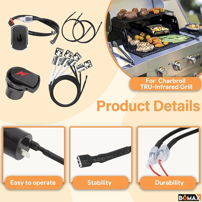 BQMAX G511-0055-W1 Ignition for Charbroil Grill Ignitor Replacement Kit, Electronic Ignition Module and 2 Push Grill Igniters Button with Wires for Charbroil Surefire Ignition Systems, 4 Outlets