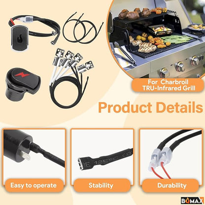 BQMAX G511-0055-W1 Ignition for Charbroil Grill Ignitor Replacement Kit, Electronic Ignition Module and 2 Push Grill Igniters Button with Wires for Charbroil Surefire Ignition Systems, 4 Outlets