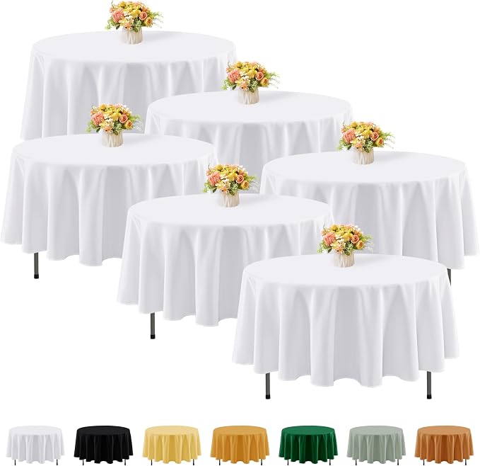 Fitable 6 Pack White Round Tablecloths - 90 Inches in Diameter | Wrinkle & Stain Resistant, Washable Polyester Fabric Cloth Cover, For Wedding, Party, Banquet, Formal Events