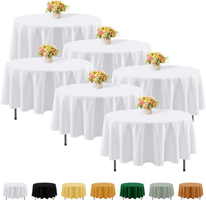 Fitable 6 Pack White Round Tablecloths - 90 Inches in Diameter | Wrinkle & Stain Resistant, Washable Polyester Fabric Cloth Cover, For Wedding, Party, Banquet, Formal Events