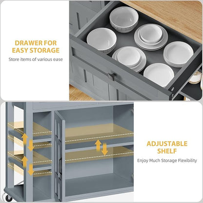 DWVO Rolling Kitchen Island with Drop Leaf, Mobile Storage Islands with Power Outlet Foldable Tabletop, 2 Drawers and Open Shelves, for Living Room, Dining Room, Blue Gray