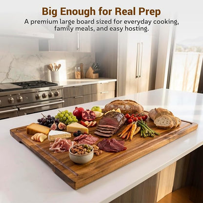 Sentsu Extra Large Acacia Wood Cutting Board 30 x 20 in, Deep Juice Groove | 100% solid acacia, handles, carving, serving, stove top cover and countertop extender for daily prep