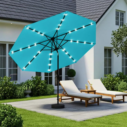 9' Solar LED Patio Umbrella with Tilt & Crank|8 Sturdy Ribs,UV Protection,Outdoor Market Table Umbrella for Deck,Lawn,Pool,Backyard(Light Blue)