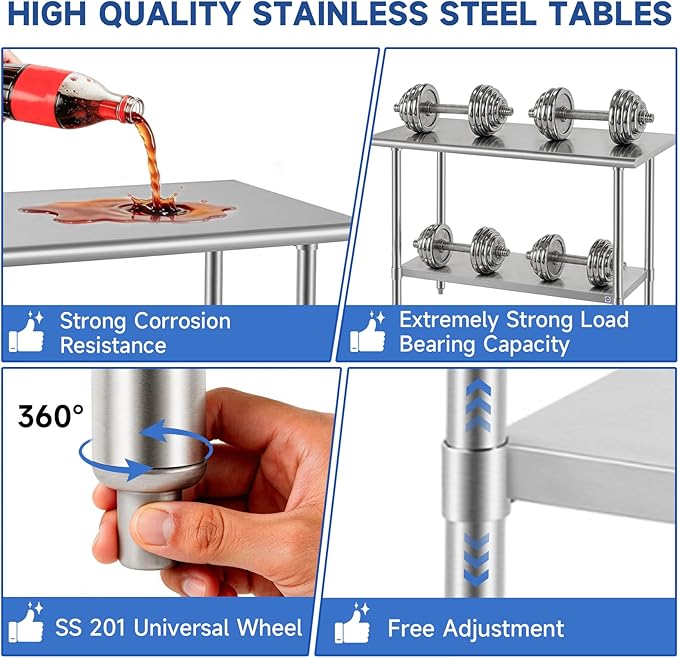 ROCKPOINT SS304 Top All Stainless Steel Table for Prep & Work 24x24 Inches, NSF Commercial Kitchen Heavy Duty Table with Adjustable Undershelf for Restaurant,Kitchen, Home and Hotel