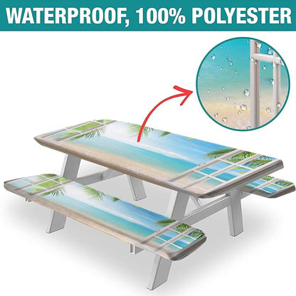White Wooden Windows Picnic Table and Bench Fitted Tablecloth Cover, 3-Piece Set, Tropical Palms on Ocean Print Elastic Edge Rectangle Fitted Tablecloth for Outdoor Camping & Dinning, 72x28 Inch